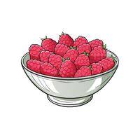 Bowl overflowing with ripe raspberries against white background image vector