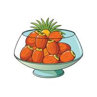 Glass bowl full of dates with decorative pineapple leaves vector