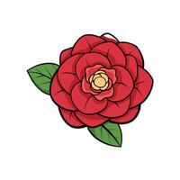 Stylized red camellia flower illustration with green leaves vector