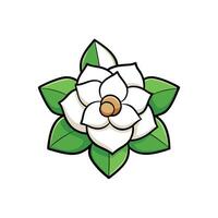 White flower with green leaves illustration on white background vector