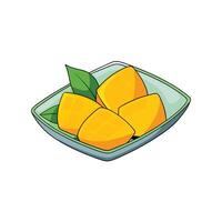 Cartoon mango chunks with leaves on an aqua plate vector