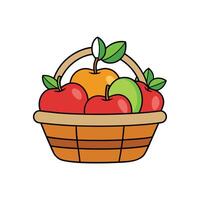 Basket overflowing with fresh colorful apples and green leaves vector