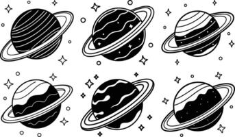 Six Black and White Planets with Rings in Space for your design vector