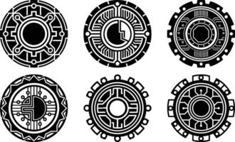 Six Circular Tech Designs Black and White Geometric Patterns vector