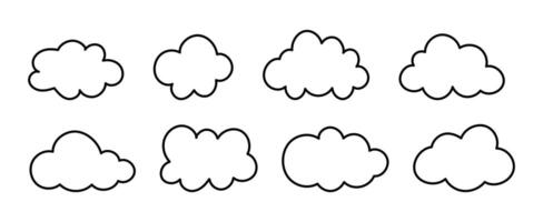 Doodle fluffy clouds. Outline clouds. Puffy, cumulus clouds. Cloudy forms in black thin contour. Weather element simple templates. Objects cloudscape. Hand drawn black graphic. vector