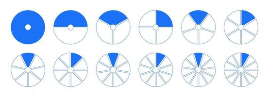 Circles divided diagram with 1, 2, 3, 10, 7, 8, 9, 10, 11, 12 equal parts. Graph icon pie, pizza shape section flat charts. Coaching blank pattern. Set of segments blue wheel round divide infographic. vector