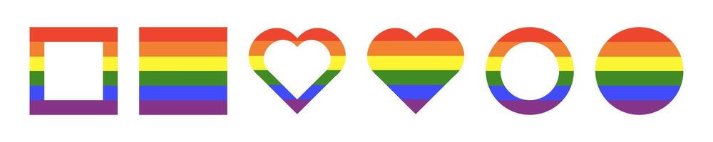 Rainbow flag frames. Gay pride backdrops. Progress Logo symbols badges. LGBT circle, square, heart icons. Set of stickers in rainbow colours. Rounds, hearts, rectangles button. vector