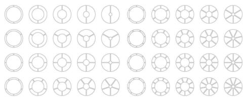 Circle division from 2 to 9 equal parts. Segmented diagrams. Coaching empty blank. Pie chart icons. Infographics set. Wheel round divided. Section graph black charts. vector