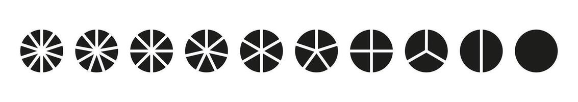 Set of pie charts. Circle division on from 1 to 10 equal parts. Segmented black charts. Many number of sectors divide the circle. Segments infographic. Diagram wheel parts. vector