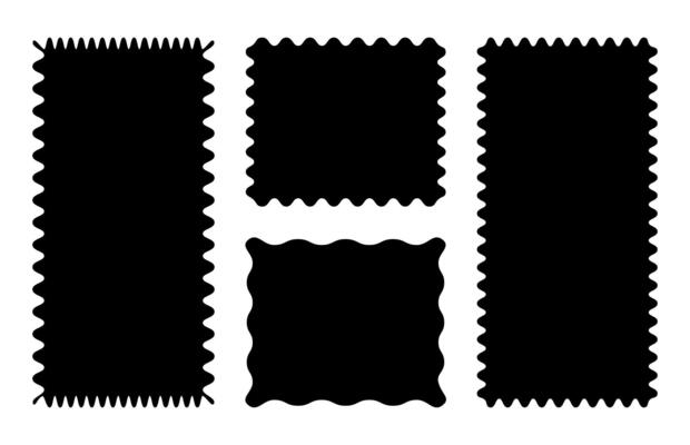 Rectangular patterns with squiggly borders. Wave curve edge black frames. Tags, empty text boxes, stamps, crackers, coupons with curvy, squiggly, wiggly, wavy edges.