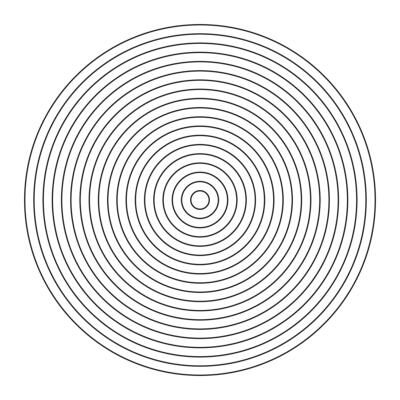 Polar grid pattern of 18 concentric circles. Wheel of life outline template. Coaching blank. Habits tracker. Diagram divided on eighteen equal segments. Blank polar graph paper. Black thin graphic.