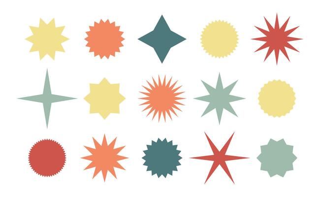 Retrostyled starbursts and sun shapes in pastel colors. A versatile graphic element for vintage designs, logo accents, or decorative backgrounds.