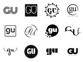 GU logo template. Letter g and u logotype. Set different classic serif lettering and modern bold text with design elements. Initial font typography. vector