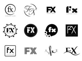 FX logo template. Letter f and x logotype. Set different classic serif lettering and modern bold text with design elements. Initial font typography. vector