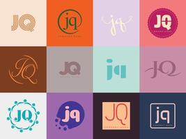 JQ logo company template. Letter j and q logotype. Set different classic serif lettering and modern bold text with design elements. Initial font typography. vector