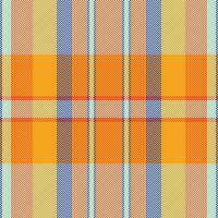Vibrant plaid pattern with interlacing stripes in orange, blue, and yellow. Ideal for textile design, backgrounds, or adding a colorful, textured feel. vector