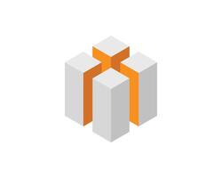 Abstract isometric design featuring interconnected grey cubes with vibrant orange accents. Perfect for concepts of connection, unity, teamwork, or modern technology. vector