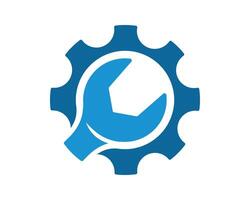 Blue gear with wrench symbol. Concept for engineering, repair, mechanics, industry, or technology. Great for logos, web design, and visual communication projects. vector