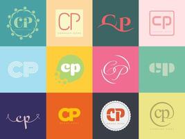 CP logo company template. Letter c and p logotype. Set different classic serif lettering and modern bold text with design elements. Initial font typography. vector