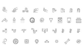 Set of outline icons related to plumbing and household maintenance. Represents services, repairs, and equipment in a simple, modern style. Versatile for diverse projects. vector