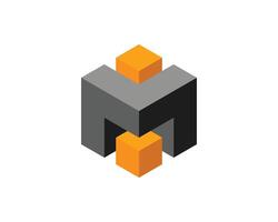 Abstract isometric 3D cube design. Gray and orange blocks interlock, symbolizing connection, collaboration, or innovation. vector