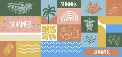Summer geometric banner background with shell,turtle,rainbow. graphic for horizontal design vector
