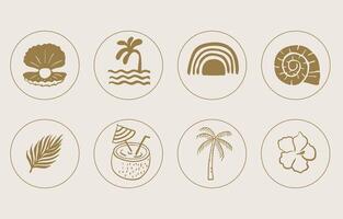 summer gold icon with shell,rainbow,coconut tree,flower for kid design vector