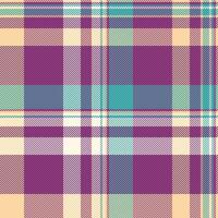 Vibrant plaid pattern featuring interwoven lines of purple, teal, and cream. Textile background for designs, crafts, fabrics, or digital paper textures. Cozy, retro style. vector