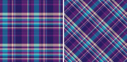 Vibrant purple teal plaid patterns, perfect for textile design, fashion, or web backgrounds. Two distinct styles offer versatility classic diagonal checks create a stylish, modern aesthetic. vector