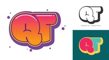 QT logo design festival or party. Initial letter q and t in graffiti style. Creative modern lettering company name of font typography. Kids trendy logotype or identity. vector