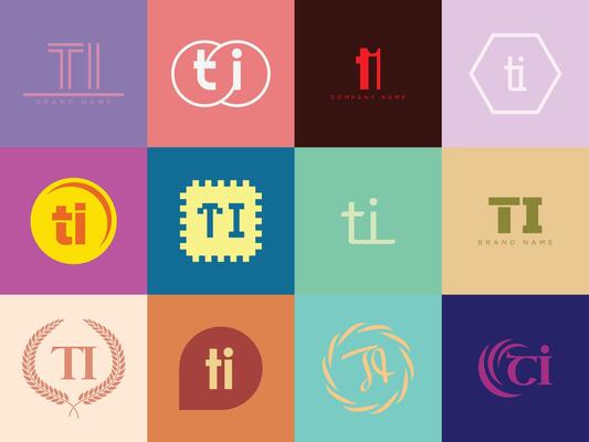 TI logo template. Letter t and i logotype. Set different classic serif lettering and modern bold text with design elements. Initial font typography.