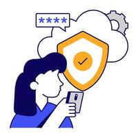 Conceptual flat outlines design icon of cloud security vector