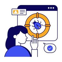 Virus under magnifying glass, debugging flat outlines vector