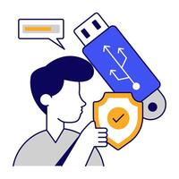A flat outlines design icon of usb security vector