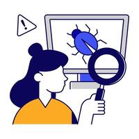 Virus under magnifying glass, debugging flat vector