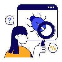 Virus under magnifying glass, debugging flat design vector
