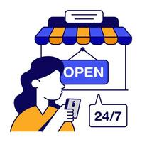 Perfect flat outline design icon of online shop open vector