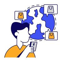 Conceptual flat outline design icon of global shopping chat vector
