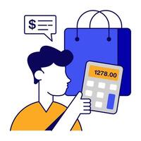 Calc with bag, concept of shopping calculation icon vector