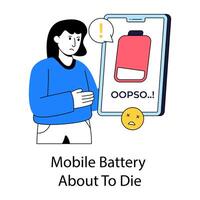 Conceptual flat design illustration of low mobile battery vector