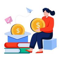 Mortarboard books and dollar sack, flat design of educational grant vector
