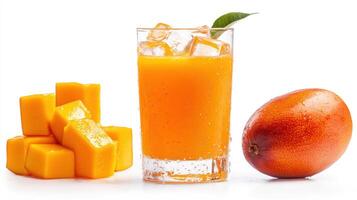 Mango juice with cubes and an orange photo