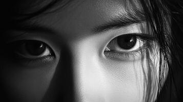 A black and white photo of a woman's eyes