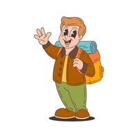 Happy Adventurer Waving with Backpack and Sleeping Bag Ready for Hike vector