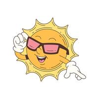 Cool Cartoon Sun Mascot Character In Sunglasses Pointing With Hand In Fun Summer Illustration vector
