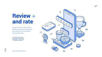 Review rate customer feedback experience rating smartphone app web banner isometric vector