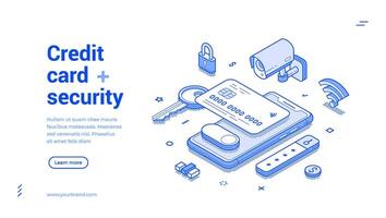 Credit debit banking card payment security smartphone application web banner isometric vector