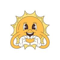 Cute Cartoon Smiling Sun Character Making Heart Shape With Hands In Art Style vector