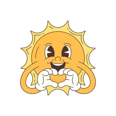 Cute Cartoon Smiling Sun Character Making Heart Shape With Hands In Art Style