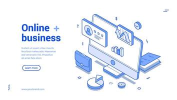 Online business management analyzing optimization isometric web banner illustration vector